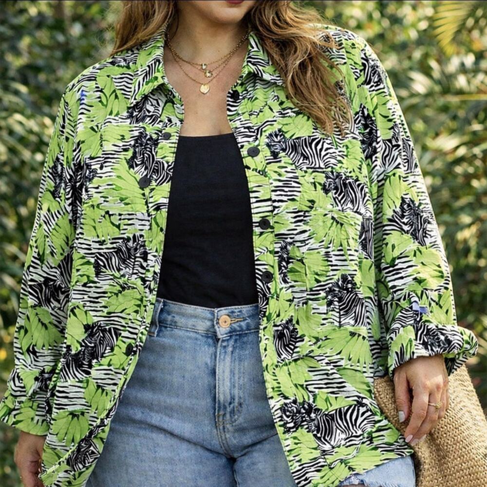 Tropical Zebra Print Overshirt | Bold Resort Statement Blouse | Size 16W